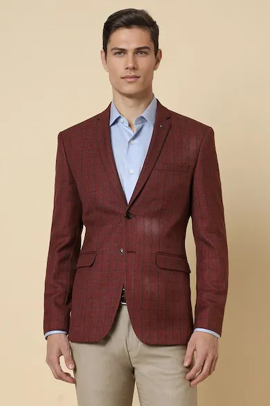 Men Maroon Slim Fit Check Formal Blazer